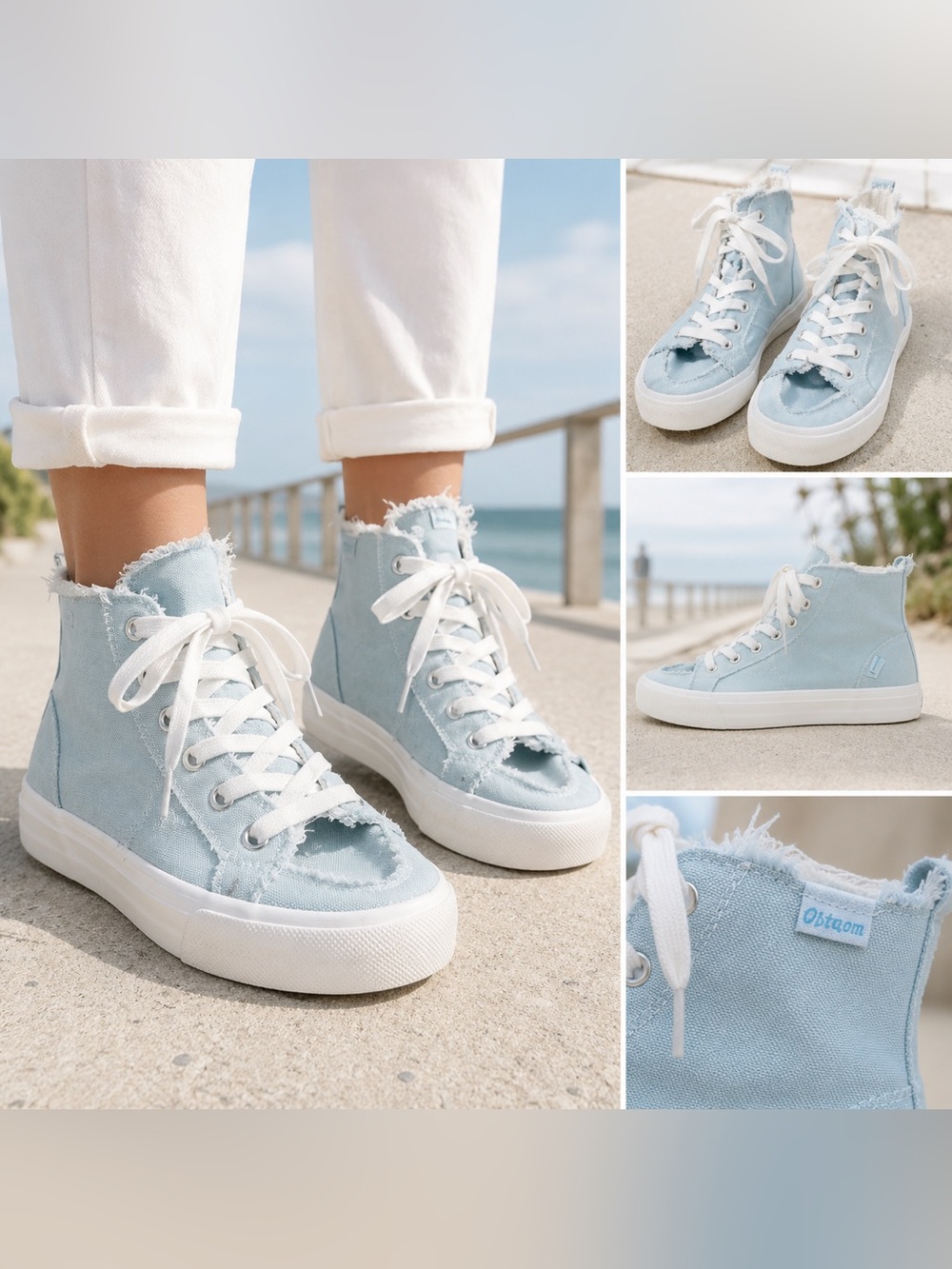 Obtaom Distressed Blue Canvas High-Top Sneakers Women’s9 Y2K Style